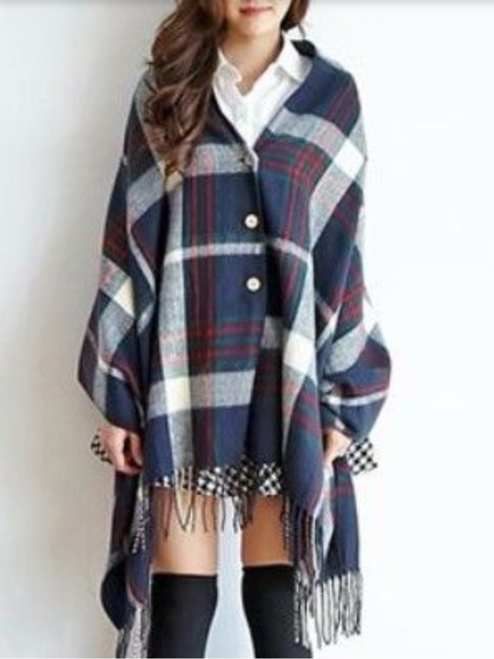 Women’s Navy Plaid Fringe Button Poncho Sweater